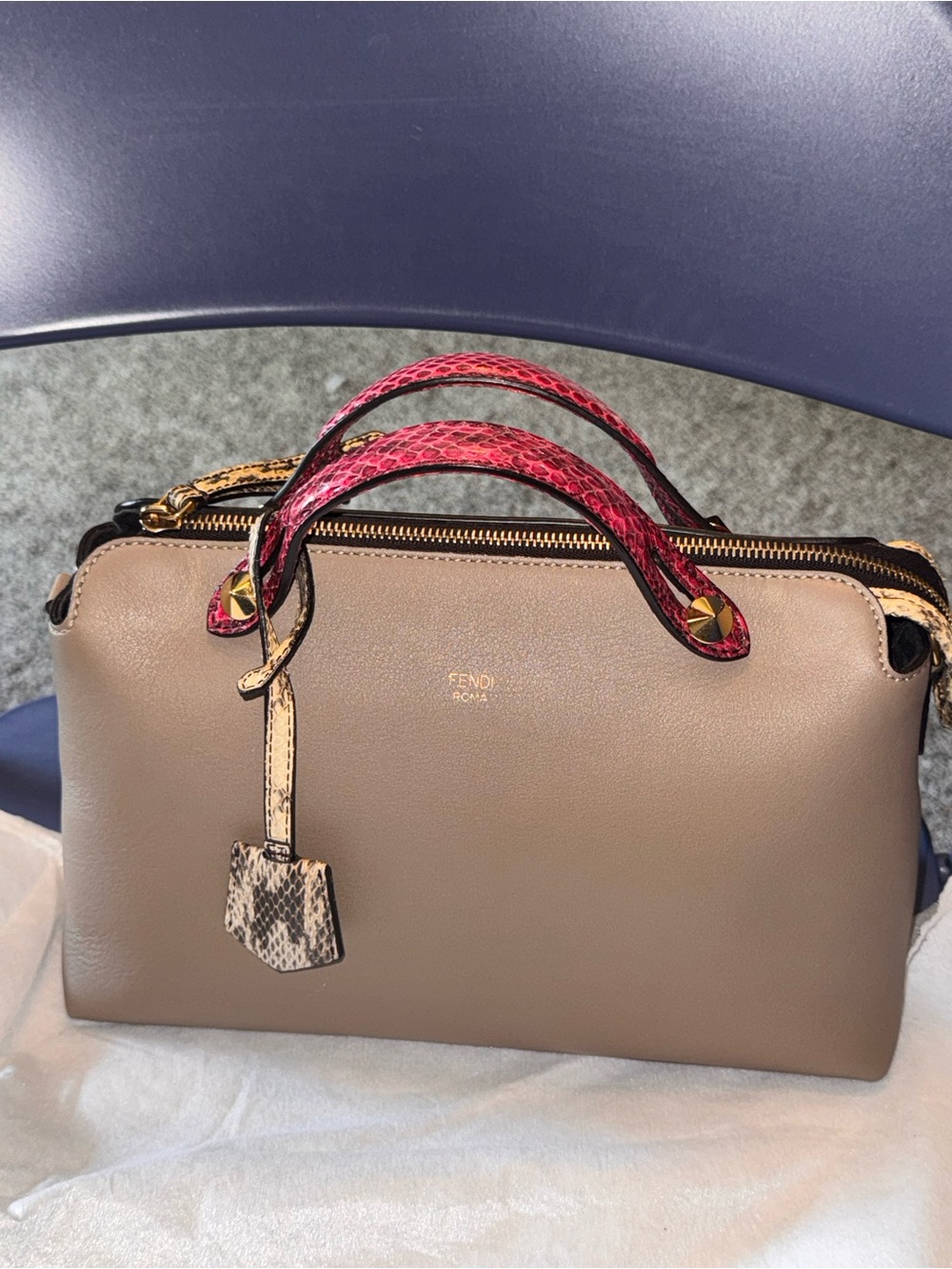 Fendi Taupe BY THE WAY BAG with Pink PYTHON Handles and Beige PYTHON Clochette
